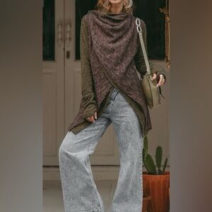 Thaluta Olive Green and Brown Layered Knit Sweater